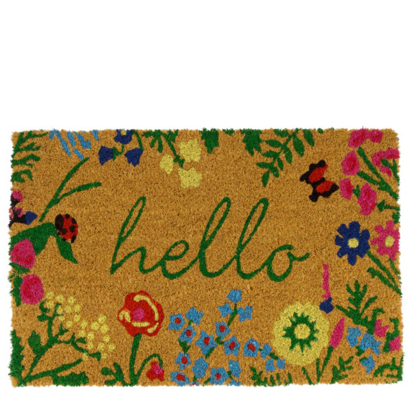 Kokos Fußmatte hello mit Blumen, 38x58cm, DIJK Natural Collections