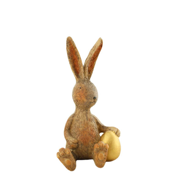 Deko Hase sitzend, Osterhase mit goldenem Ei, 17cm, Polyresin