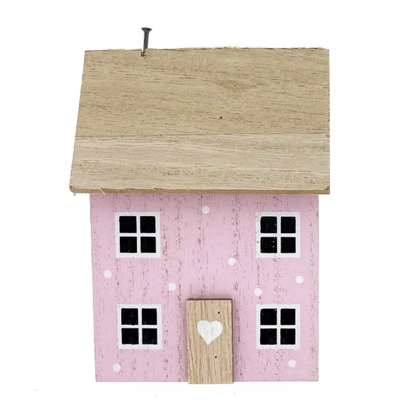 Deko Haus, Holzhaus mit Punkte und Holztüre, rosa-weiß, 10x14cm