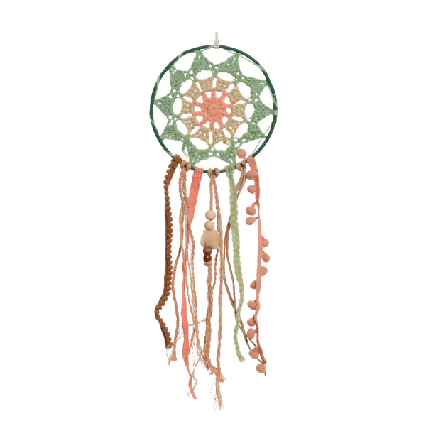 Traumfänger Boho gehäckelt, Dreamcatcher mit Pompons und Schnüre, grün-lachs