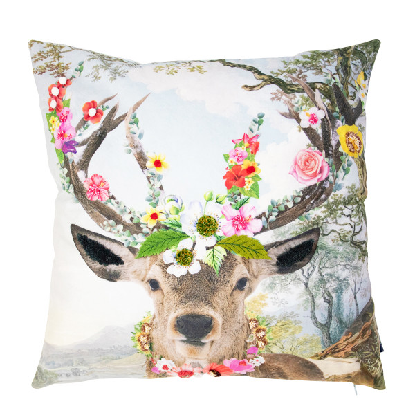 Deko Kissen Hirsch Fleury, Hirsch mit Blumengeweih und Blumenkranz, 45x45cm, Mars &amp; More