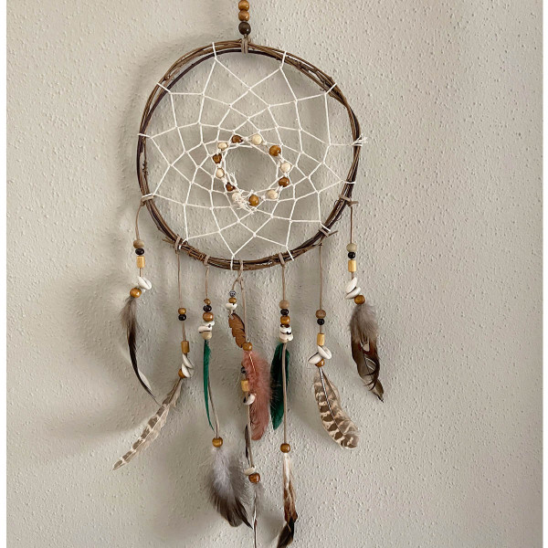 Deko Traumfänger Boho, Dreamcatcher mit Federn, braun, Ø21cm