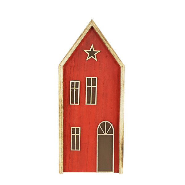 Deko Haus, Weihnachtshaus, Holzhaus mit Stern, rot-natur, 13x31cm, Aufsteller