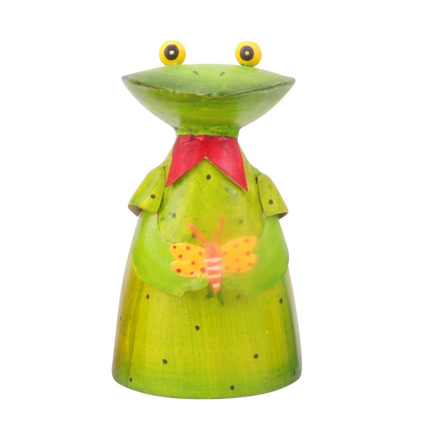 Zaunhocker Frosch mit Schmetterling, Metallfrosch grünes Kleid und Schmetterling, 18cm