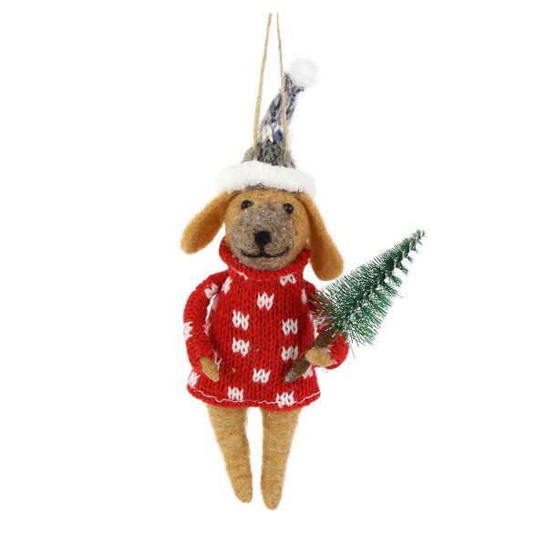 Deko Hund, Weihnachtshund aus Filz mit Bäumchen, 17cm, Hänger