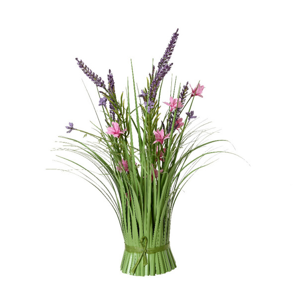 Kunstpflanze Grasbusch mit Sommerblumen violett, Stehgras mit Blüten, 30cm