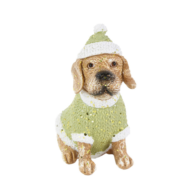 Deko Hund Winter, Hund mit Pulli und Pudelmütze, braun-grün, 14cm