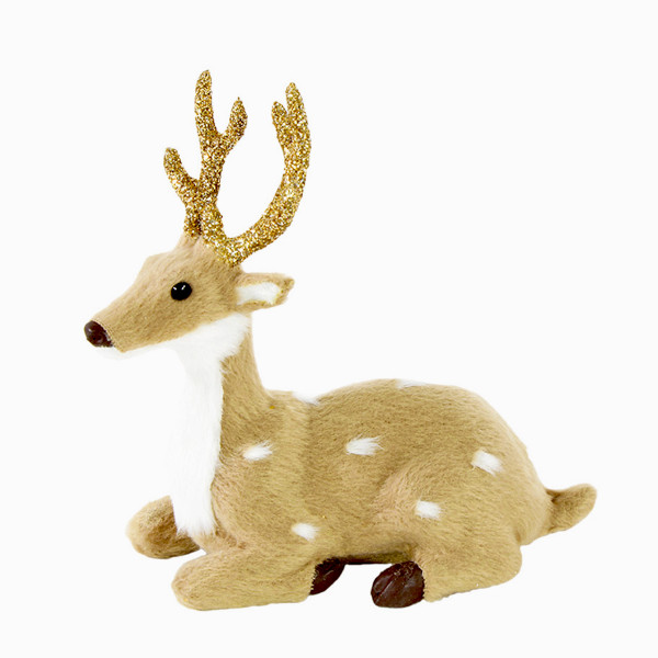 Deko Hirsch, Hirsch mit gepunktetem Fell und goldenem Geweih, beige/braun, liegend, 12cm