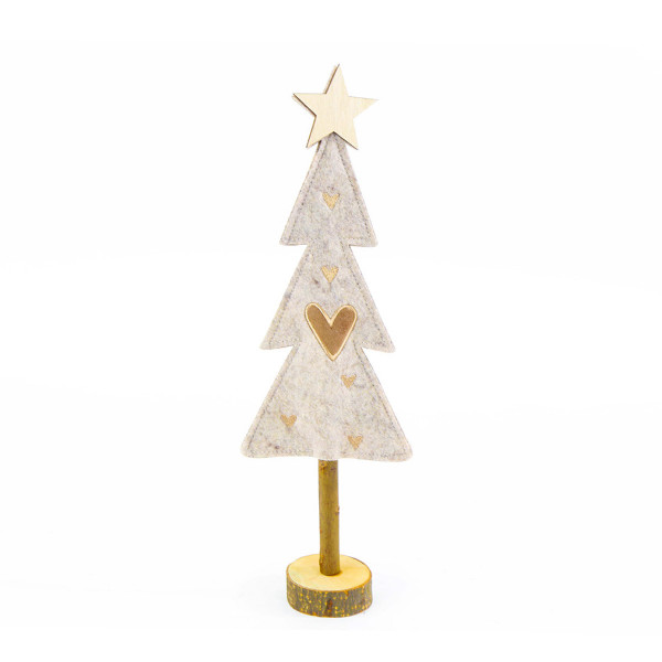 Deko Baum Weihnachten, Filzbaum mit Stern und Herz und Holzstamm, beige, 37cm