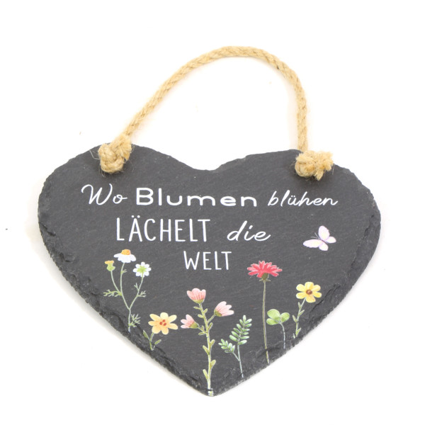 Deko Herz Wo Blumen blühen, Schieferherz mit Blumen und Schmetterling, 15x14cm