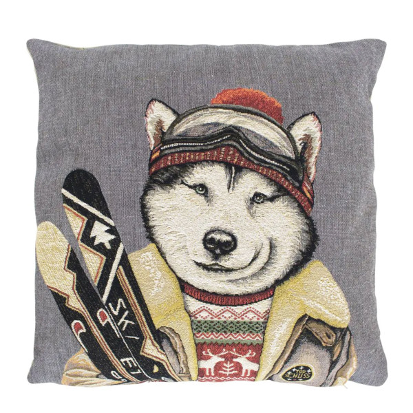 Gobelin Kissen Skifreunde Husky, Husky in Skikleidung und Ski, 45x45cm, Mars &amp; More