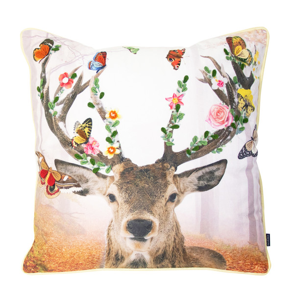 Deko Kissen Hirsch Fleury, Hirsch mit Blumengeweih und Schmetterlinge, 45x45cm, Mars &amp; More