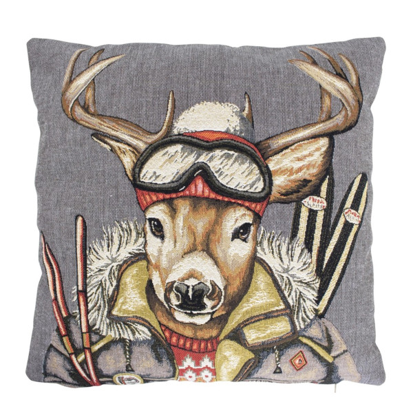 Gobelin Kissen Skifreunde Hirsch, Hirsch in Skikleidung und Ski, 45x45cm, Mars &amp; More