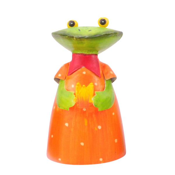 Zaunhocker Frosch mit Krone, Metallfrosch oranges Kleid und Krone, 18cm