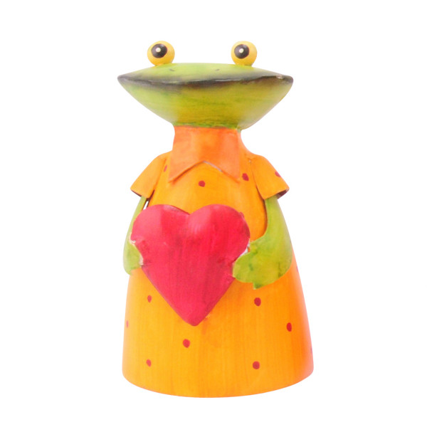 Zaunhocker Frosch mit Herz, Metallfrosch oranges Kleid und Herz, 18cm