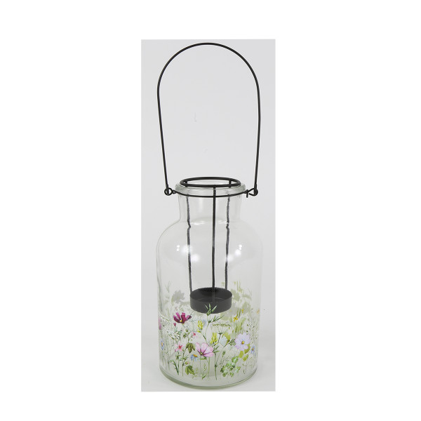 Deko Teelichthalterglas Blumenwiese, Windlicht aus Glas mit Blumendesign und Teelichthalter, 10x20cm