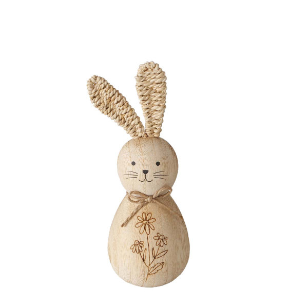 Deko Hase Sanela, Holzhase mit Bastohren und Blumen, 15cm, Naturholz, Boltze Home Collections