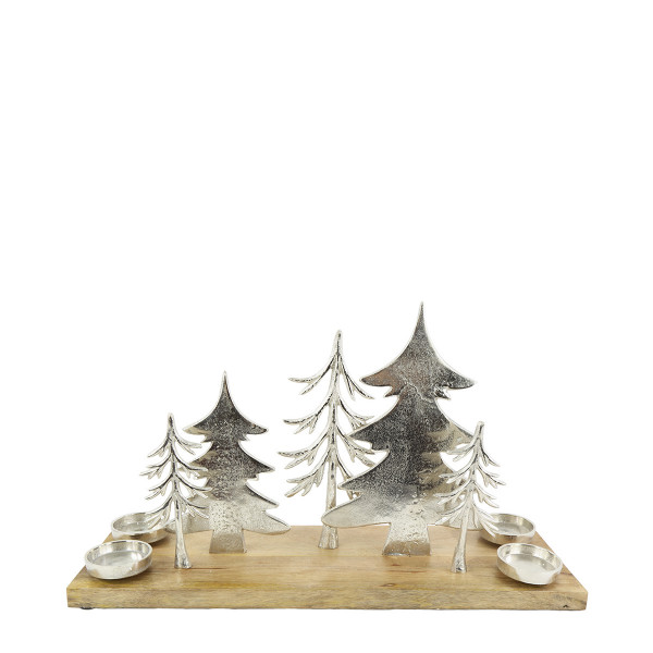Deko Kerzenhalter, Teelichthalter, Tablett mit Bäume, silber/natur, 35x19cm, Metall/Holz