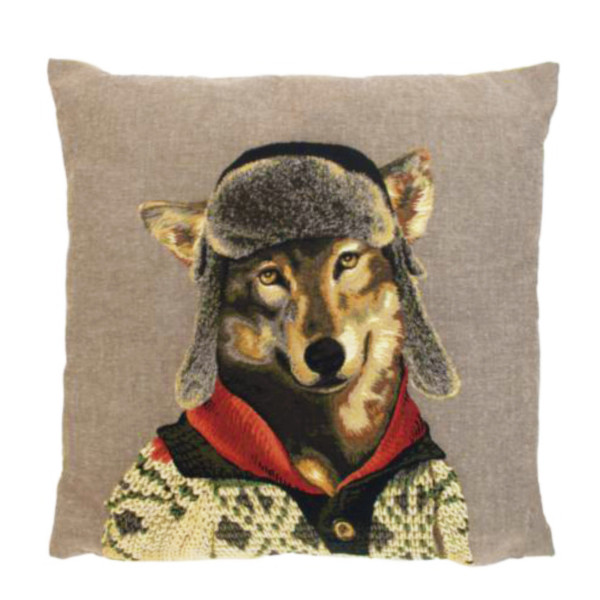 Gobelin Kissen Wolf, Nordic Wolf mit Fliegermütze und Pullover, 45x45cm, Mars &amp; More