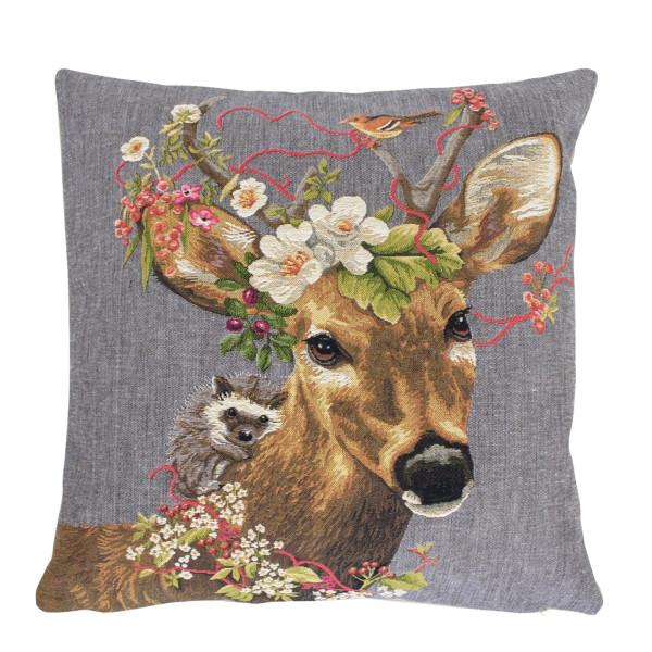 Gobelin Kissen Hirsch, kleiner Rehbock mit Blumen und Igel, 45x45cm, Mars &amp; More