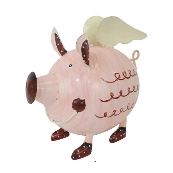 Sparschwein mit Flügel, Metallschwein rosa mit Flügel, 20x18cm