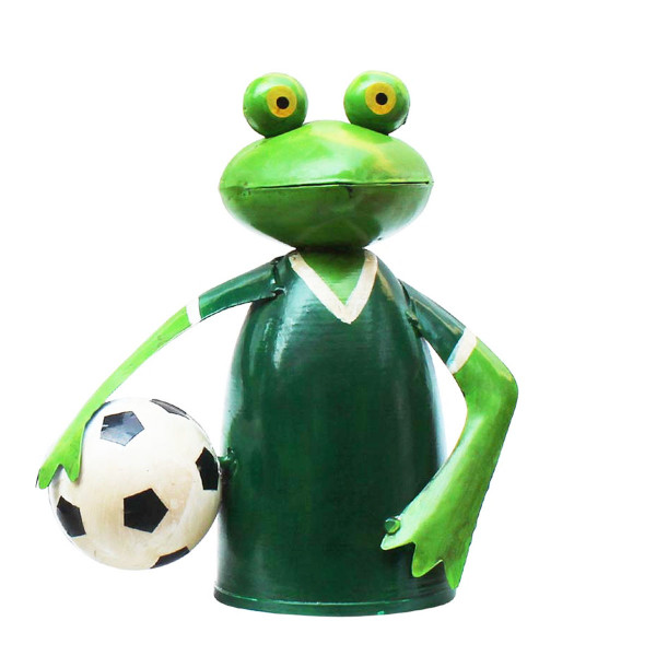 Zaunhocker Frosch Fußball, Metallfrosch mit Fußballtrikot grün und Fußball, 18x19cm