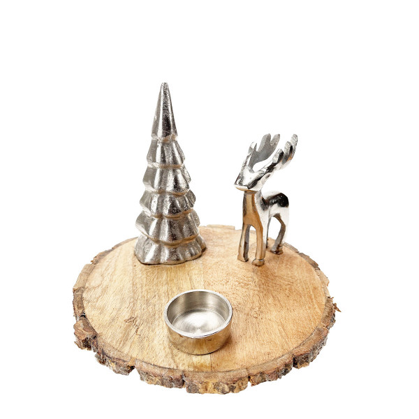 Holz Teelichthalter, Tablett mit Rentier und Tannenbaum, silber, Ø22cm