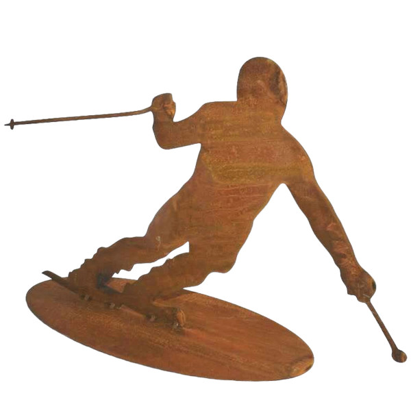 Deko Skifahrer, Skifahrer auf Platte, Rost, 35x20cm, Aufsteller, Gerrys Garden