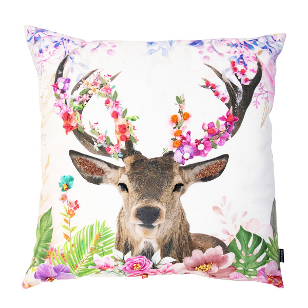 Deko Kissen Hirsch Fleury, Hirsch mit Blumengeweih rosa-pink, 45x45cm, Mars &amp; More