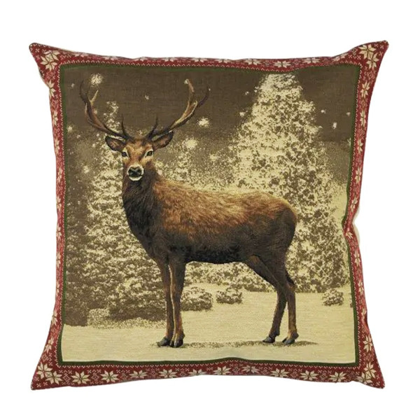 Gobelin Kissen Hirsch, Winterhirsch, roter Rand, 45x45cm, Mars &amp; More