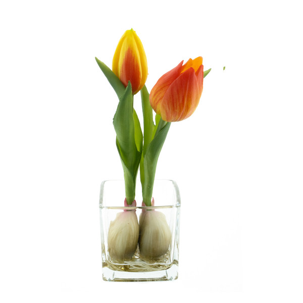 Kunstpflanze Tulpen Sally im Glas, 2 Tulpen orange im Glastopf, 19cm