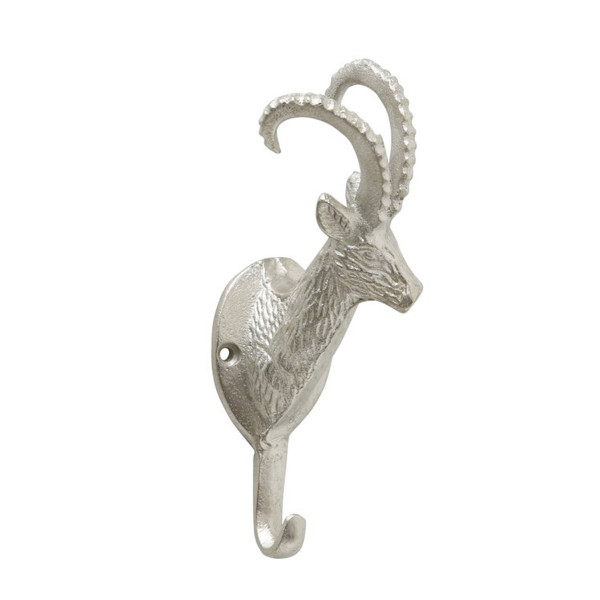 Garderobenhaken Steinbock Ali, Steinbockkopf silber, 18cm, Boltze Home Collections