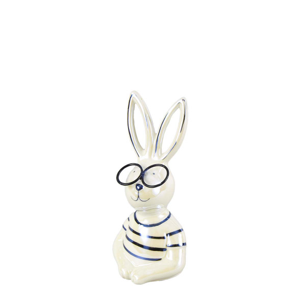 Deko Hase, Osterhase mit Brille und gestreiftem Shirt, pearloptik schwarz/weiß, 13cm, Keramik