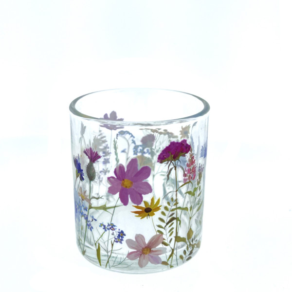 Deko Windlicht Blumenwiese, Windlicht aus Glas mit Blumendesign, 7x8cm