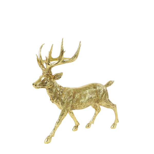 Deko Hirsch, goldener Hirsch mit goldenem Kranz, stehend, 23x24cm