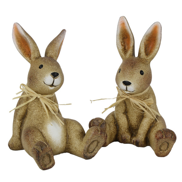 Deko Hase, Osterhase mit Bastschleife, sitzend, 17cm, Ton