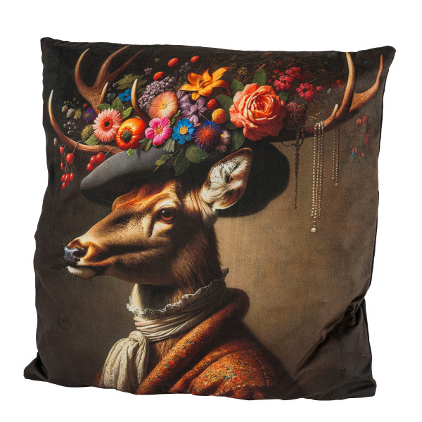 Samt Kissen Hirsch, Edelhirsch mit Halstuch, Hut und Blumen, 45x45cm