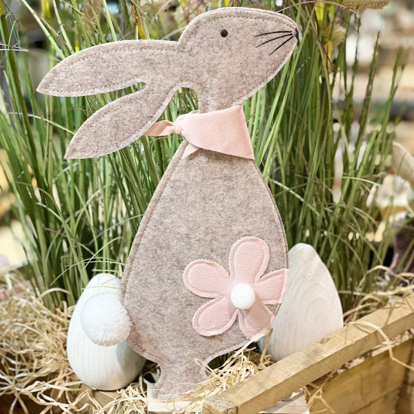 Deko Hase, Osterhase mit Halstuch und Blume, rosa-beige, 33cm, Aufsteller