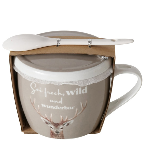 Jumbobecher Wild, Porzellanbecher Hirsch, Sei frech...,3tlg, Boltze Home Collections