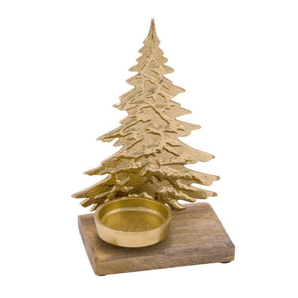 Kerzenhalter Tannenbaum, Holztablett mit Kerzenhalter, Tannenbaum gold, 21cm