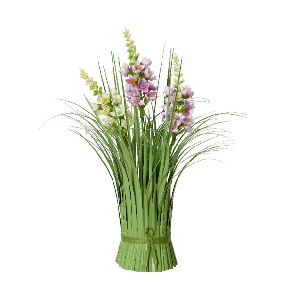 Kunstpflanze Grasbusch mit Sommerblumen creme, Stehgras mit Blüten, 30cm